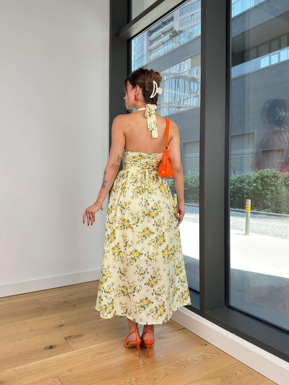 Boyundan Bağlamalı Belden Oturtmalı Tavens Sarı Kadın Çiçekli Elbise 25Y456