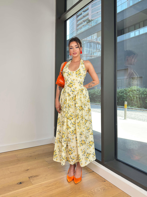 Boyundan Bağlamalı Belden Oturtmalı Tavens Sarı Kadın Çiçekli Elbise 25Y456