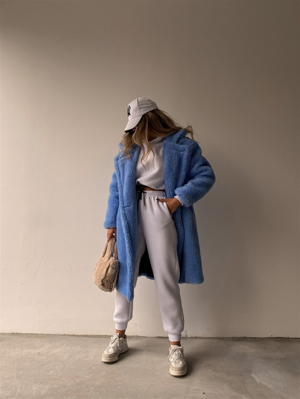 Oversize Cepli Kadın Mavi Teddy Kaban 21K000306
