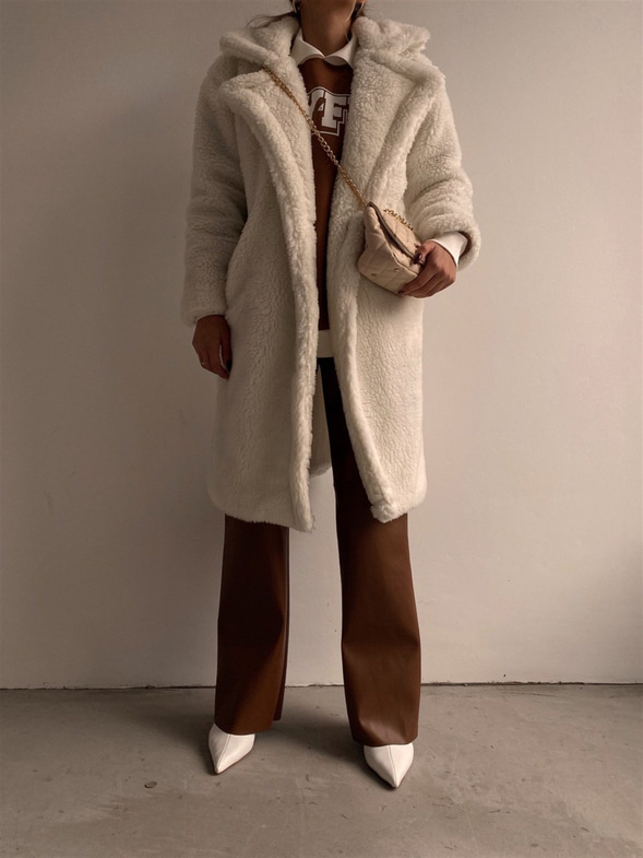 Oversize Cepli Kadın Beyaz Teddy Kaban 21K000306