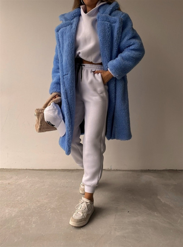 Oversize Cepli Kadın Mavi Teddy Kaban 21K000306
