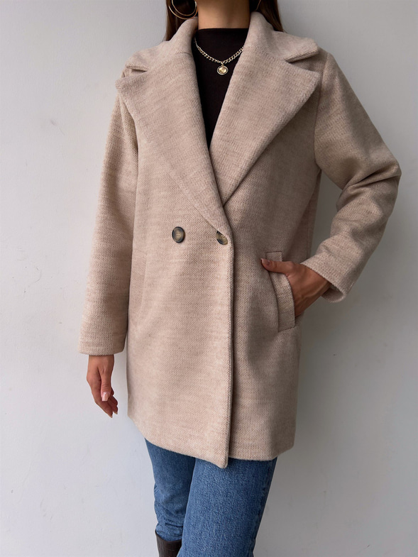 Tek Düğme Kapamalı Yanları Cepli Nerve Kadın Taş Kaşe Kaban 23K000165