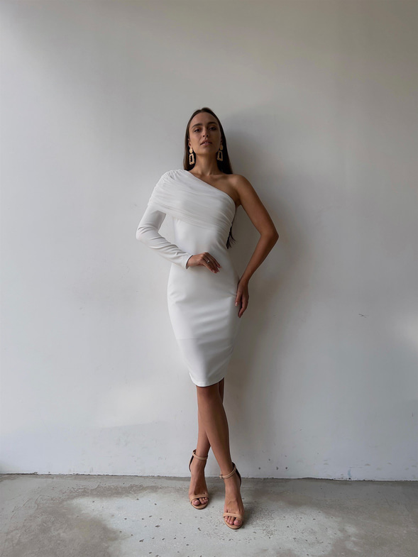 Tek Kol Tül Elson Kadın Beyaz Midi Boy Elbise 23K000149