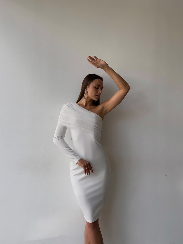 Tek Kol Tül Elson Kadın Beyaz Midi Boy Elbise 23K000149