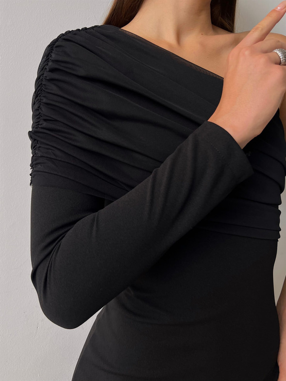 Tek Kol Tül Elson Kadın Siyah Midi Boy Elbise 23K000149