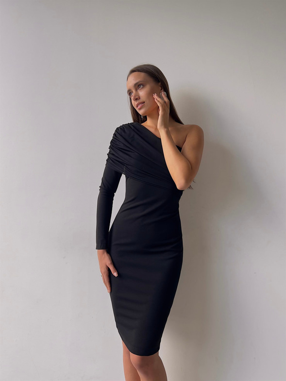 Tek Kol Tül Elson Kadın Siyah Midi Boy Elbise 23K000149