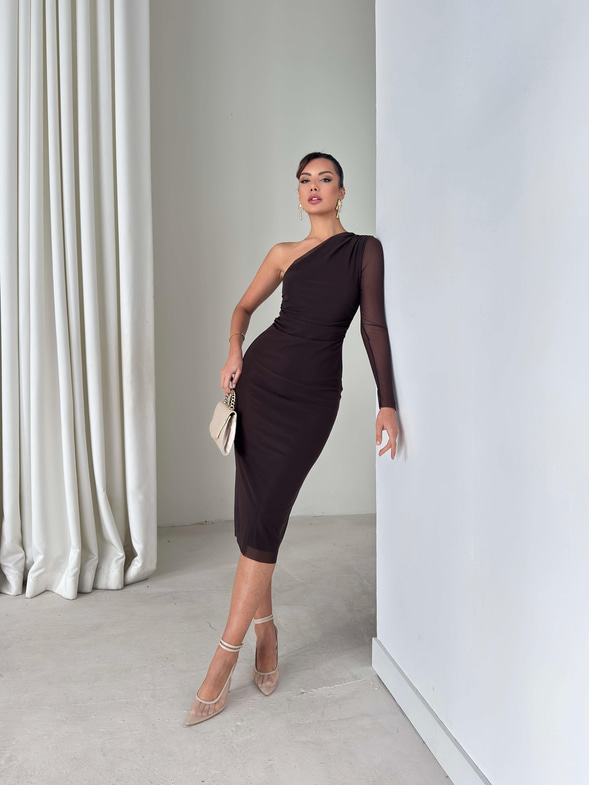 Tek Omuz Tül Drape Detaylı Terta Kahve Kadın Elbise 26K325