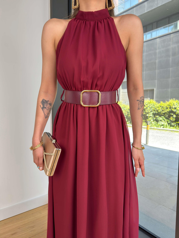 Halter Yaka Beli Kemerli Teyst Bordo Kadın Midi Elbise 25Y273