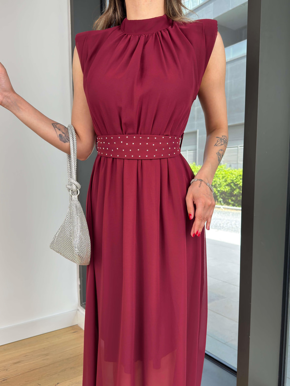 Yarım Boğazlı Belden Kuşaklı Tiara Bordo Kadın Elbise 25Y353