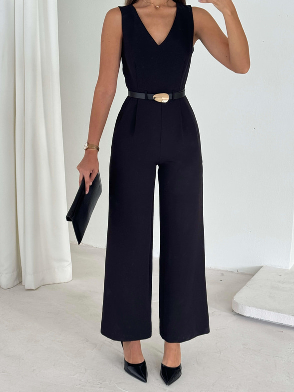 V Yaka Beli Kemerli Pens Detaylı Bol Paça Tiger Siyah Kadın Tulum 26K025