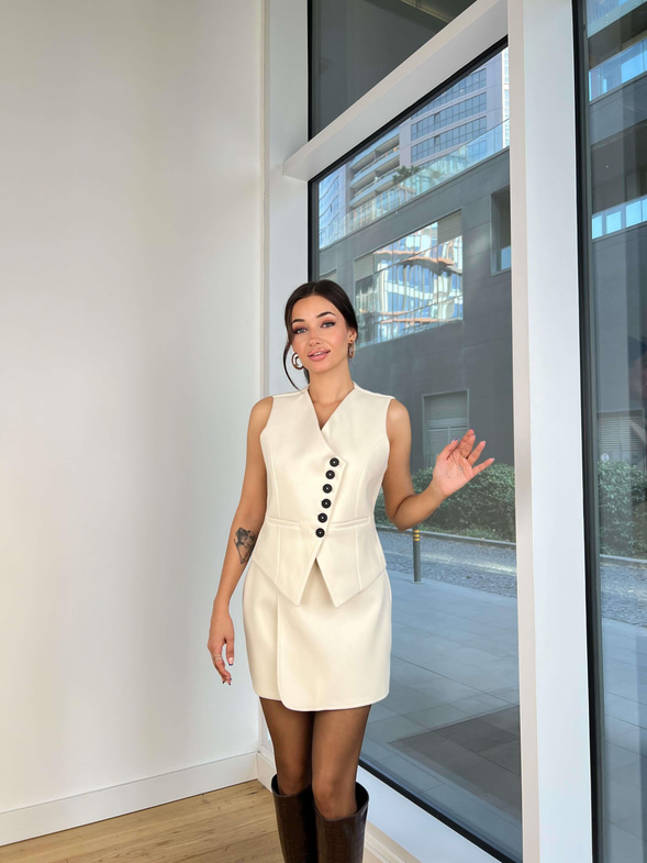 Yüksek Bel Timea Ekru Kadın Mini Etek 25K170