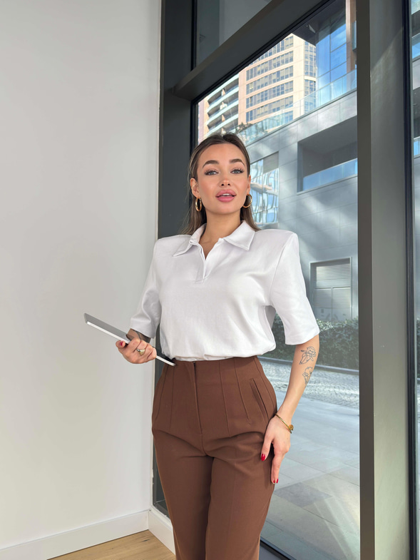 Polo Yaka Tryor Beyaz Kadın Tshirt 25Y052