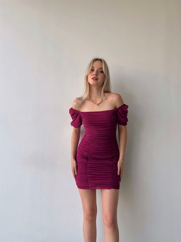 Tül Açık Omuz Drapeli Celino Kadın Fuşya Mini Elbise 22Y000340