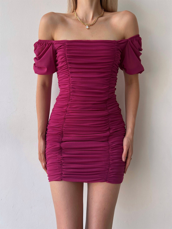 Tül Açık Omuz Drapeli Celino Kadın Fuşya Mini Elbise 22Y000340