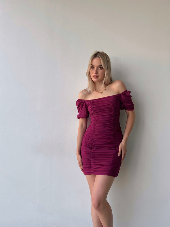 Tül Açık Omuz Drapeli Celino Kadın Fuşya Mini Elbise 22Y000340