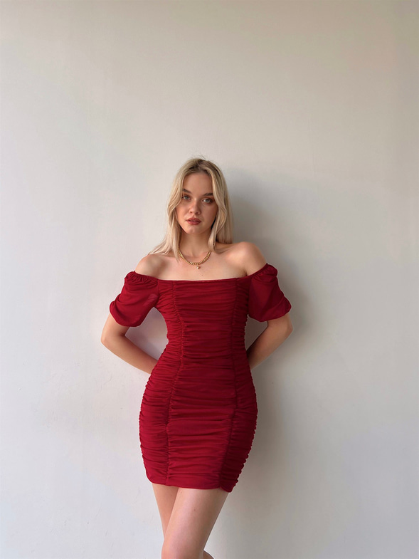 Tül Açık Omuz Drapeli Celino Kadın Kırmızı Mini Elbise 22Y000340