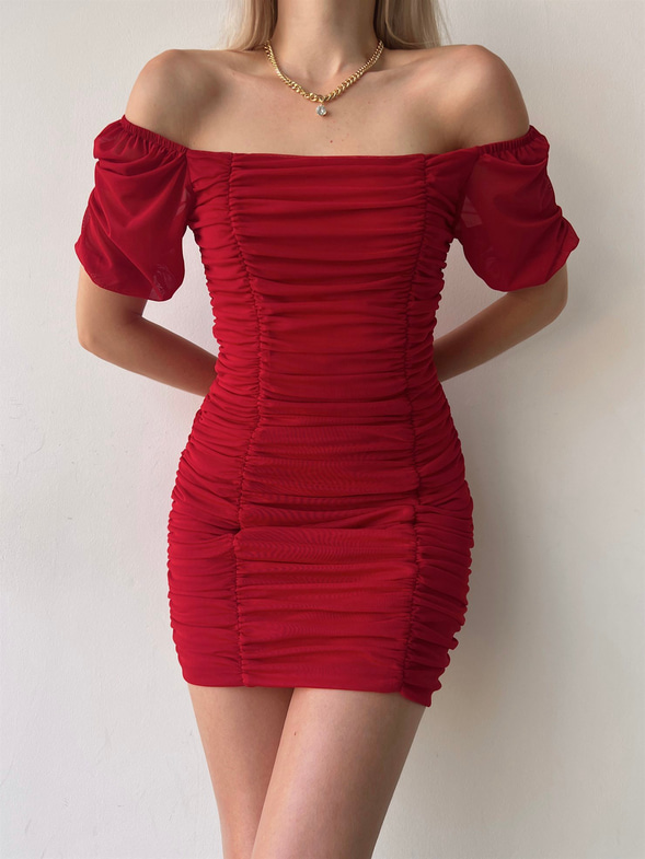 Tül Açık Omuz Drapeli Celino Kadın Kırmızı Mini Elbise 22Y000340