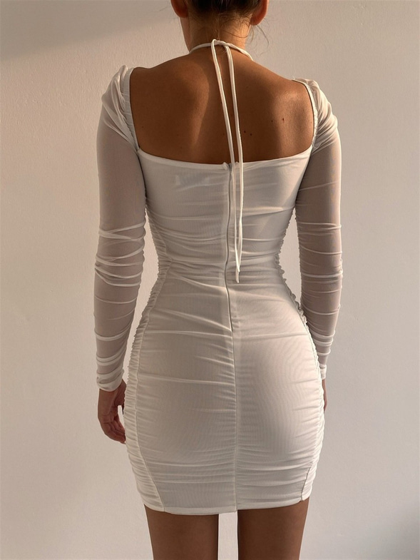 Tül Göğüs Kuplu Büzgülü Violet Kadın Beyaz Mini Elbise 22Y000013