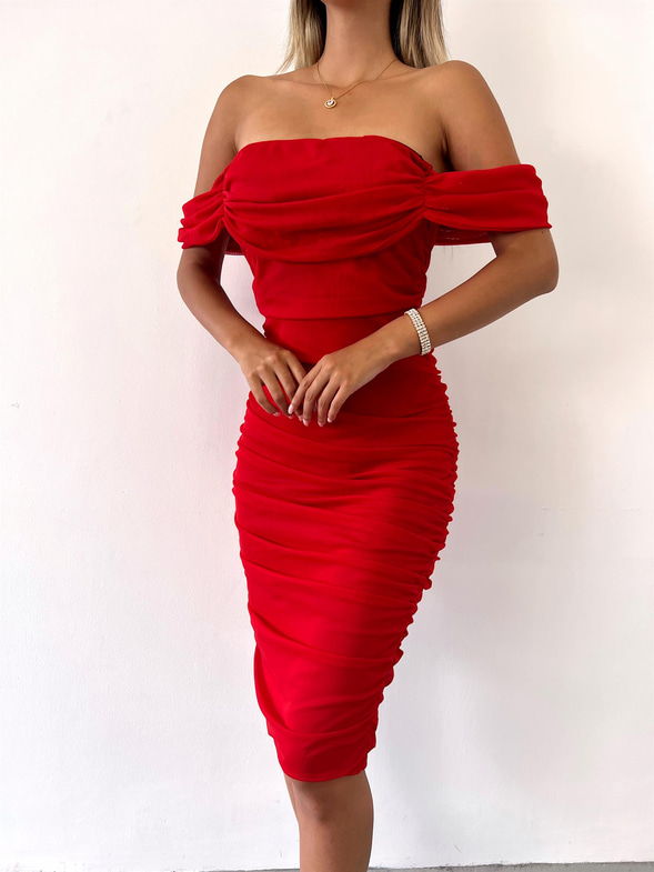 Tül Kumaş Drapeli Arkadan Yırtmaçlı Zella Kadın Kırmızı Elbise 22Y000365