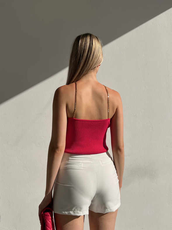 Üçgen Yaka Fitilli Zincir Askılı Jocasa Kadın Fuşya Triko Bluz 22Y000315