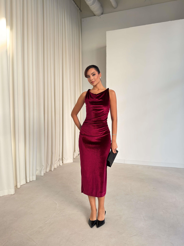 Drape Detaylı Urien Mor Kadın Kadife Elbise 26K264