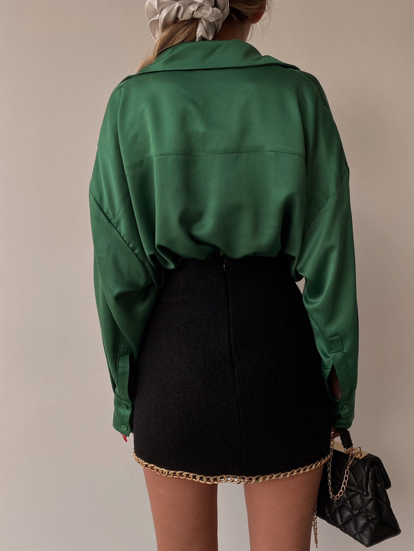 Uzun Kollu Saten Oversize Kadın Zümrüt Gömlek 22K000281
