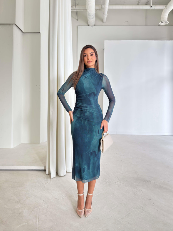 Uzun Tül Kol Drape Detaylı Colin Kadın Petrol Yeşili Midi Elbise 24k369