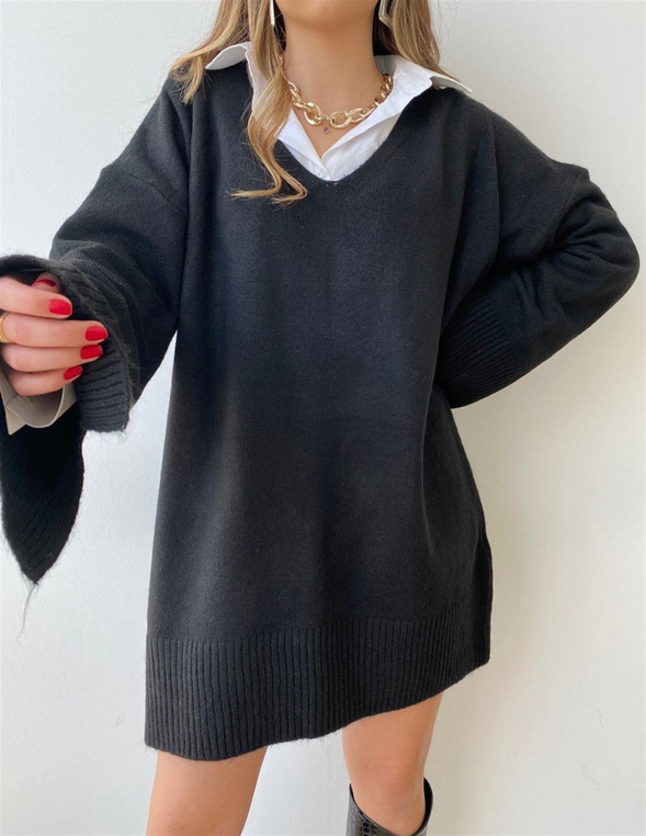 V Yaka Salaş Kadın Siyah Tunik Kazak 21K000108