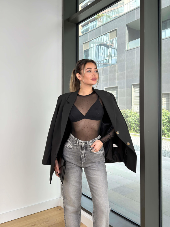 Uzun Kol Transparan Vand Siyah Taşlı Kadın Bodysuit 25Y063