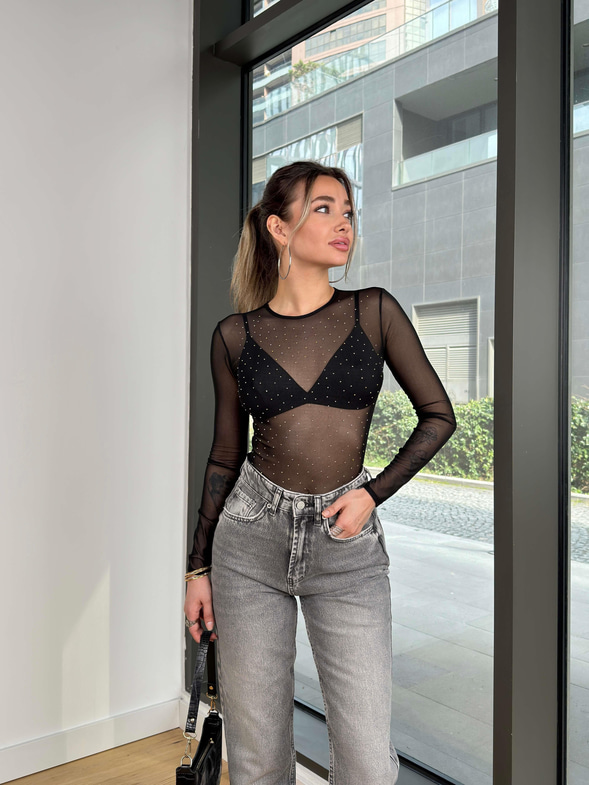Uzun Kol Transparan Vand Gümüş Taşlı Kadın Bodysuit 25Y063