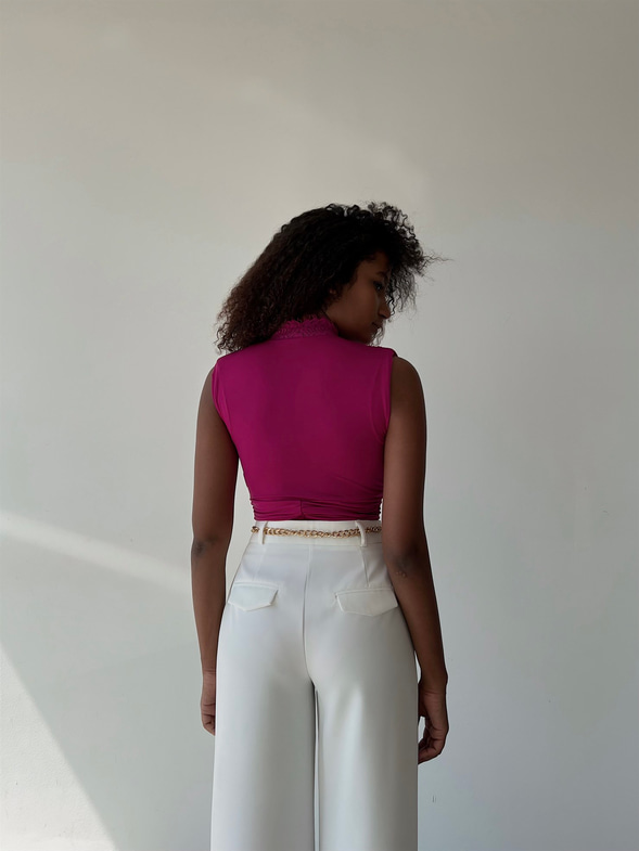 Vatkalı Derin V Dantel Yaka Elanor Kadın Fuşya Bodysuit 22Y000067