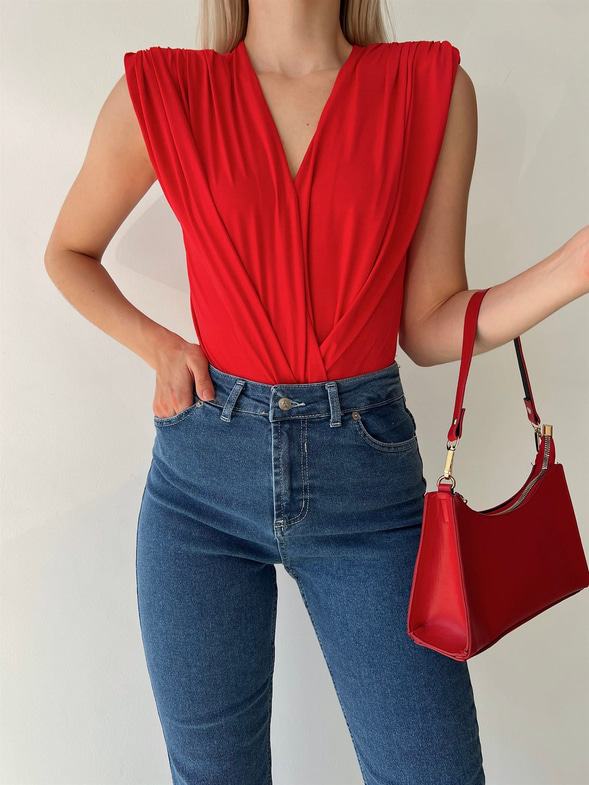 Vatkalı Kolsuz Kruvaze Garrison Kadın Kırmızı Bodysuit 22Y000066