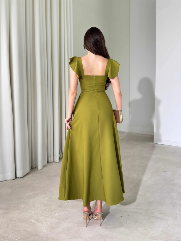 Kare Yaka Kemerli Midi Boy Olive Vesper Kadın Elbise 26Y391