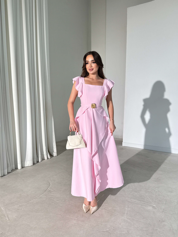 Kare Yaka Kemerli Midi Boy Pembe Vesper Kadın Elbise 26Y391