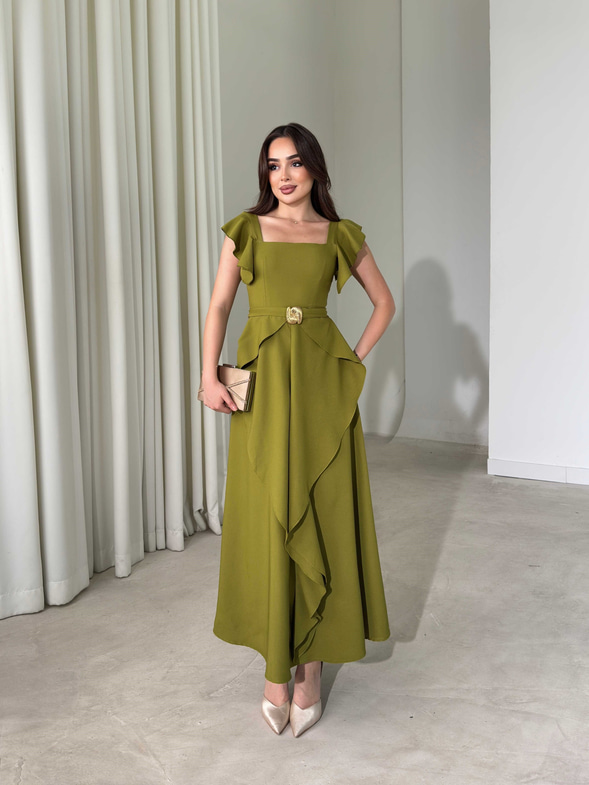 Kare Yaka Kemerli Midi Boy Olive Vesper Kadın Elbise 26Y391