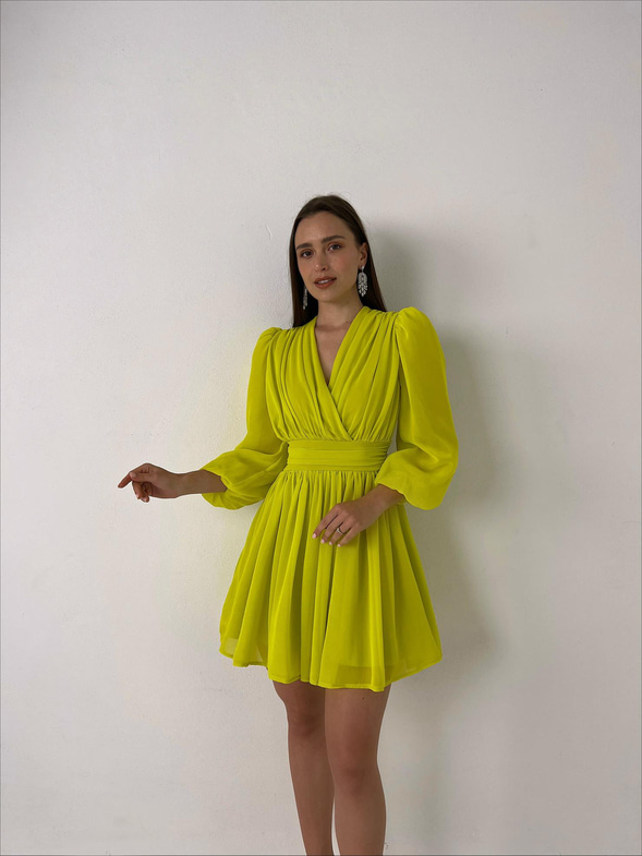 Kruvaze Yaka Belden Oturtmalı Vette Kadın Yağ Yeşili Şifon Mini Elbise 23Y000075