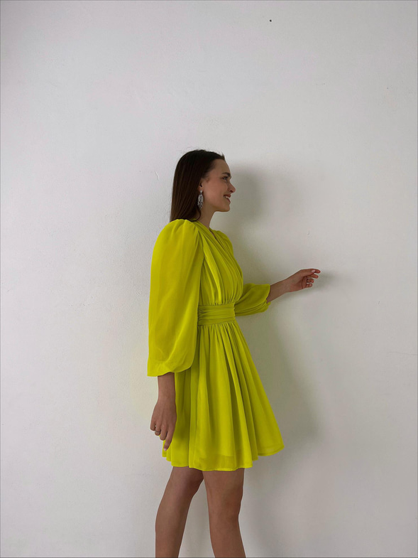 Kruvaze Yaka Belden Oturtmalı Vette Kadın Yağ Yeşili Şifon Mini Elbise 23Y000075