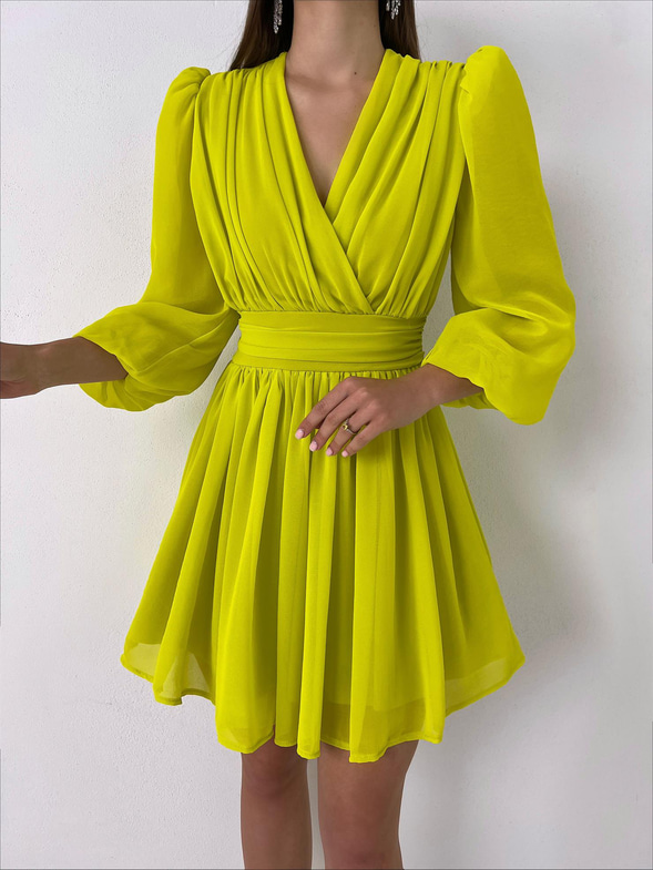 Kruvaze Yaka Belden Oturtmalı Vette Kadın Yağ Yeşili Şifon Mini Elbise 23Y000075