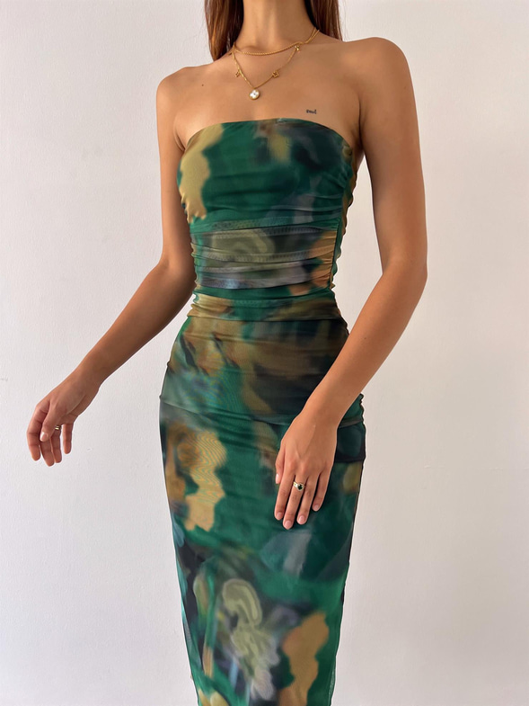Straplez Drape Detaylı Videl Kadın yeşil Desenli Elbise 23Y000485
