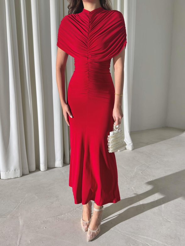 Drapeli Pelerin Dikim Viner Kırmızı Kadın Elbise 26Y003