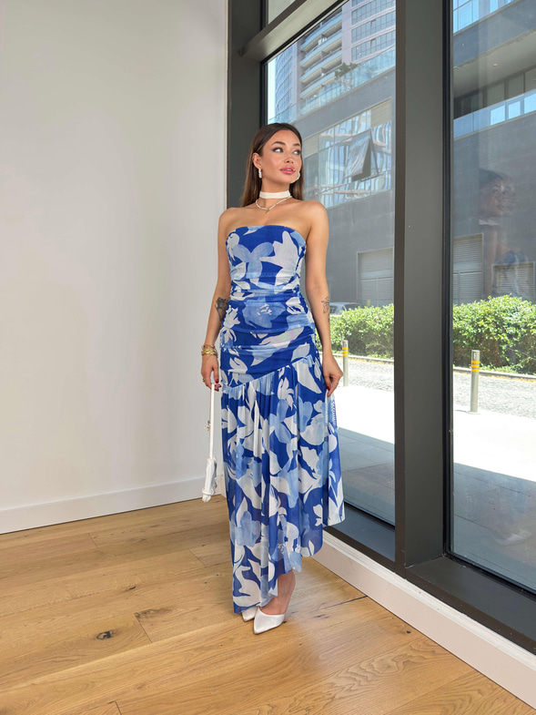 Strapelez Drapeli Vinfast Mavi Kadın Çiçekli Elbise 25Y457