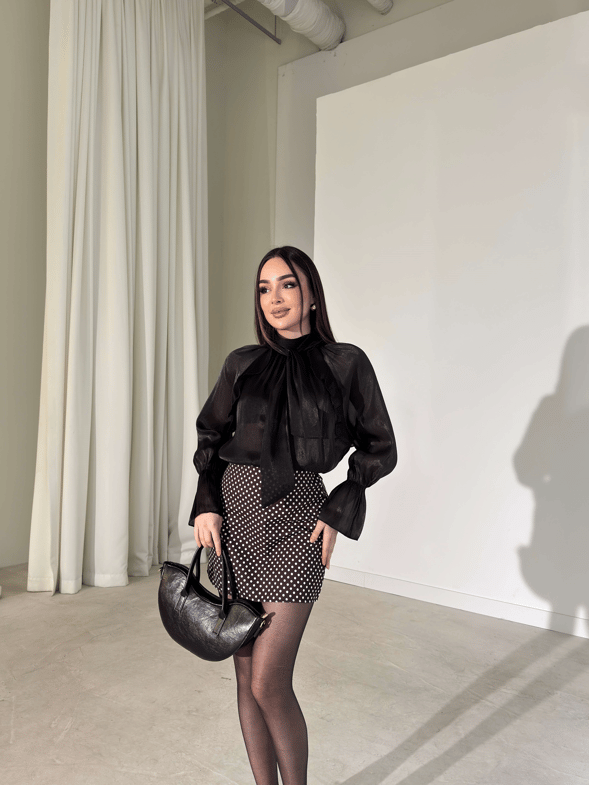 Transparan Boyundan Fularlı Parlak Kumaş Kolları Lastikli Walde Siyah Kadın Bluz 26Y112