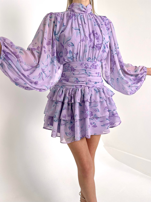 Yarım Boğazlı Ön Ve Bel Kısmı Büzgü Detaylı Sırt Dekolteli Wang Kadın Lila Mini Tül Elbise 23Y000130