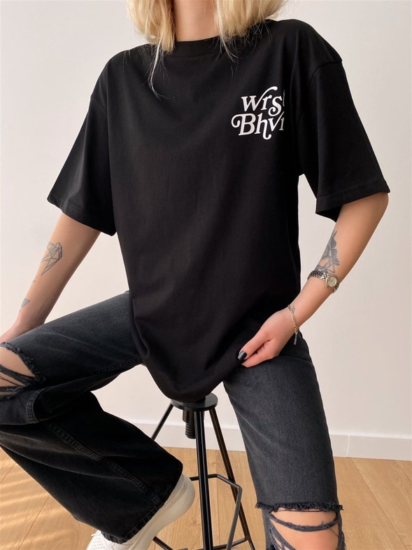 Wrst Bhvr Baskılı Oversize Kadın Siyah Tişört 21Y000146