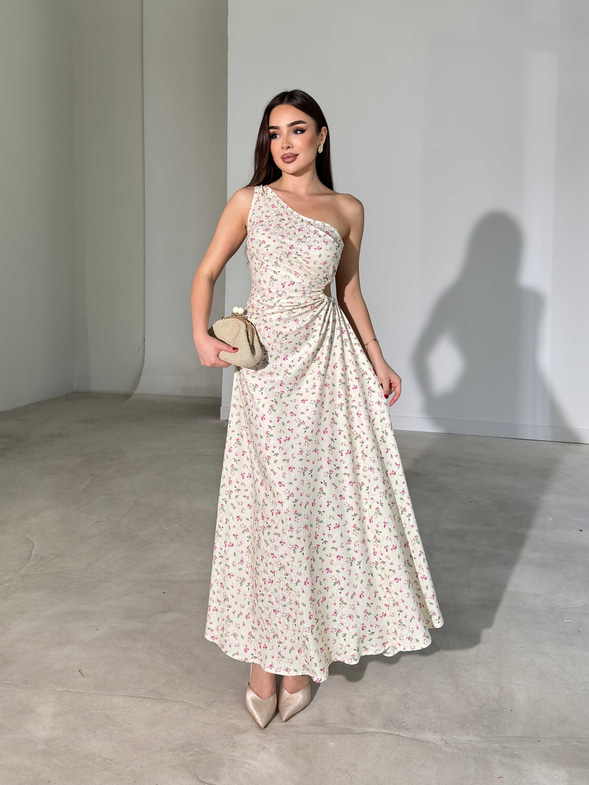 Tek Omuz Çiçekli Pencere Detaylı Maxi Yahir Kadın Elbise 26Y455