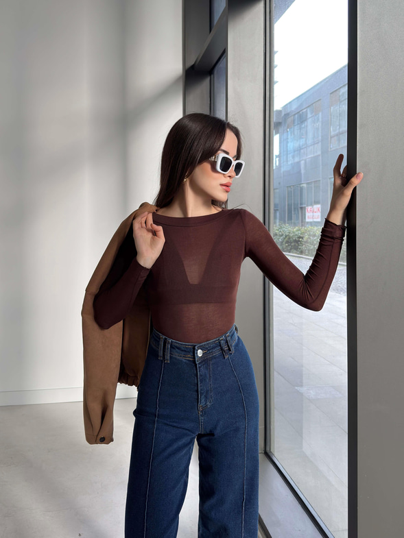Transparan Uzun Kol Yaka Bantlı Kahve Kadın Bluz 26K383