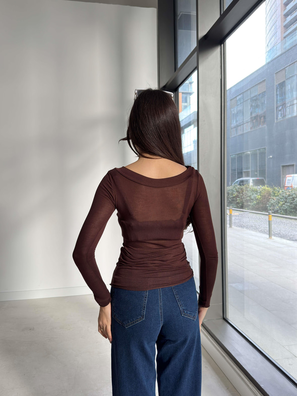 Transparan Uzun Kol Yaka Bantlı Kahve Kadın Bluz 26K383