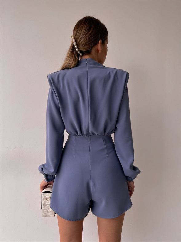 Yakası Dökümlü Eteği Kruvaze Verona Kadın İndigo Şort Tulum 22K000414