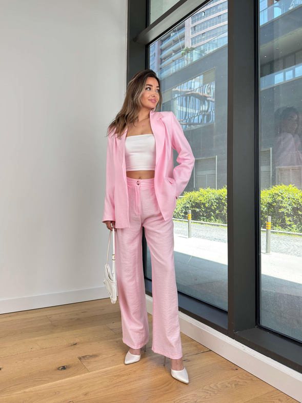 Omuz Vatkalı Kapamasız Yıır Pembe Kadın Blazer Ceket 25Y078