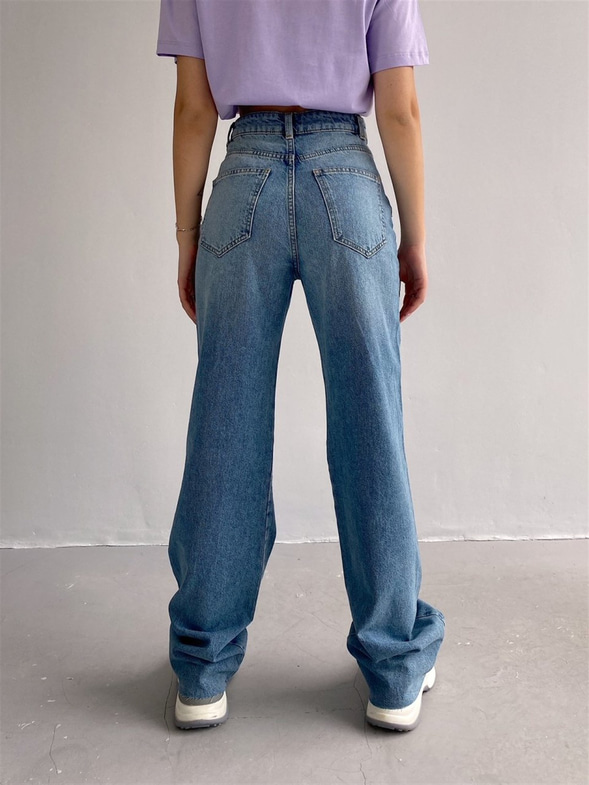 Yüksek Bel Paçası Kesik Detay Kadın Mavi Palazzo Jeans 21Y000402